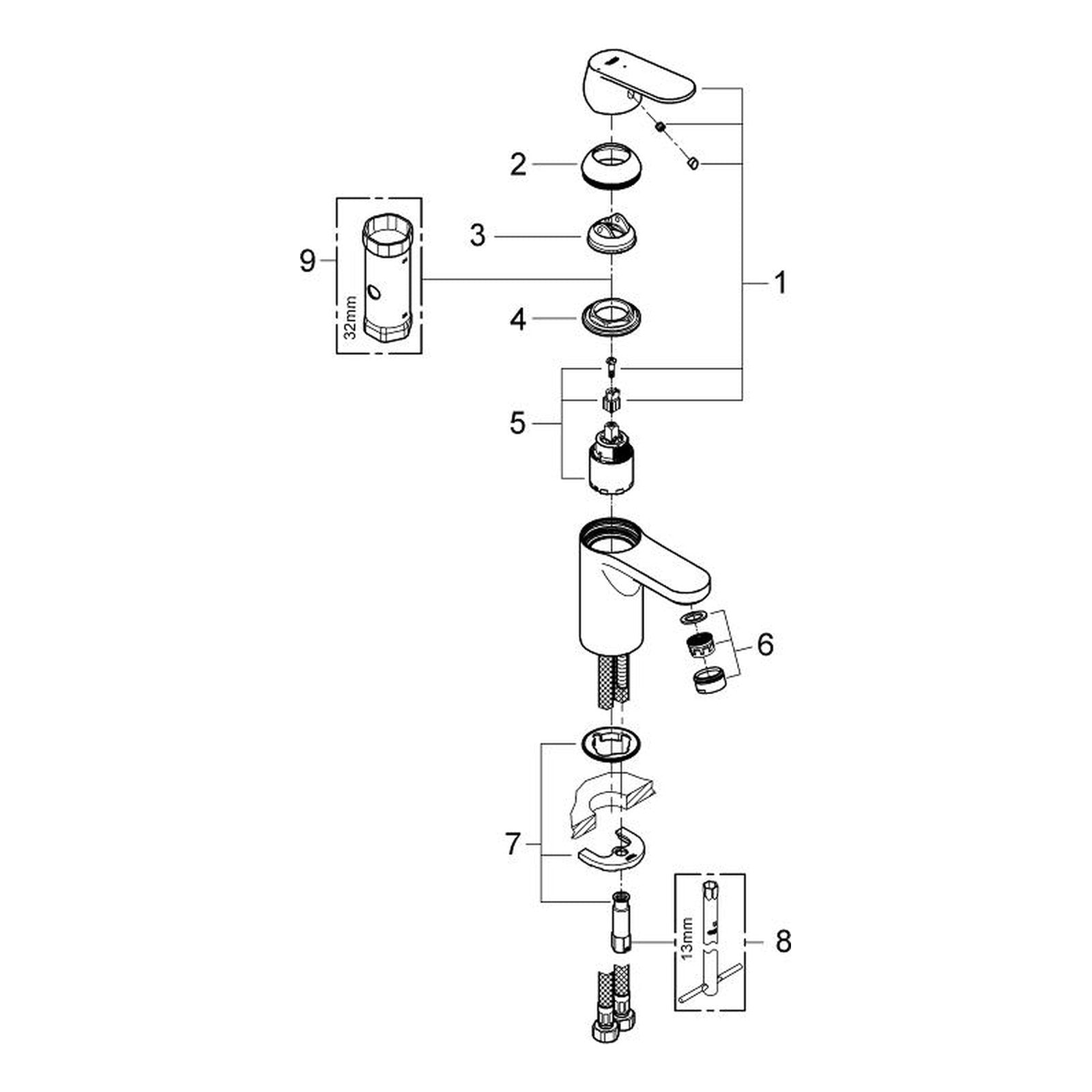 Onderdelentekening Grohe Eurosmart Cosmopolitan wastafelmengkraan S-Size 2012–2017