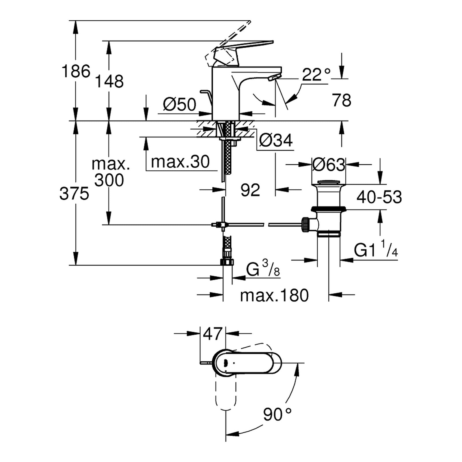 Maattekening Grohe Eurosmart Cosmopolitan wastafelmengkraan S-Size