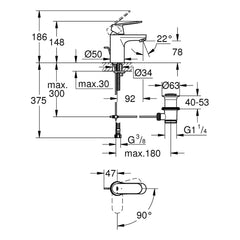 Maattekening Grohe Eurosmart Cosmopolitan wastafelmengkraan S-Size