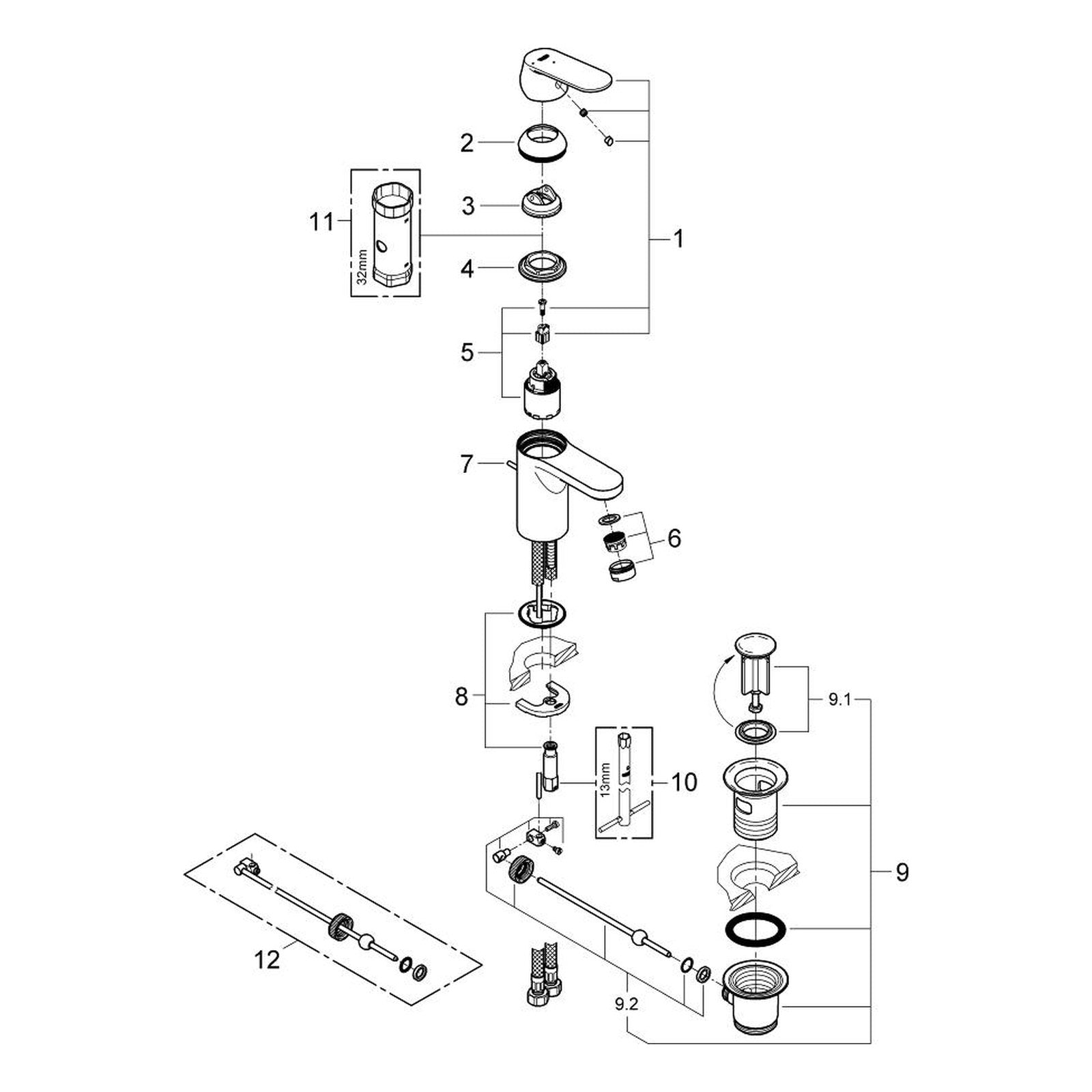 Onderdelentekening Grohe Eurosmart Cosmopolitan wastafelmengkraan S-Size 2012–2017