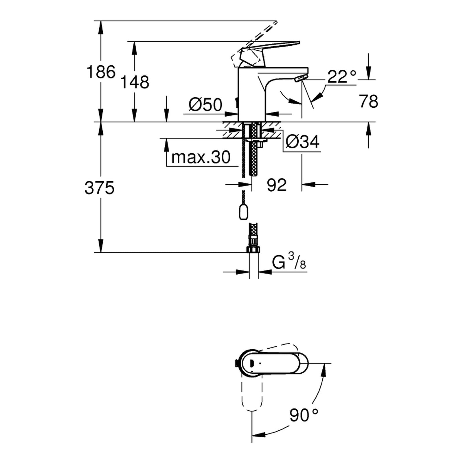 Maattekening Grohe Eurosmart Cosmopolitan wastafelmengkraan S-Size