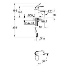 Maattekening Grohe Eurosmart Cosmopolitan wastafelmengkraan S-Size