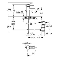 Maattekening Grohe Essence wastafelmengkraan S-Size