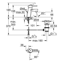 Maattekening Grohe Concetto wastafelmengkraan S-Size