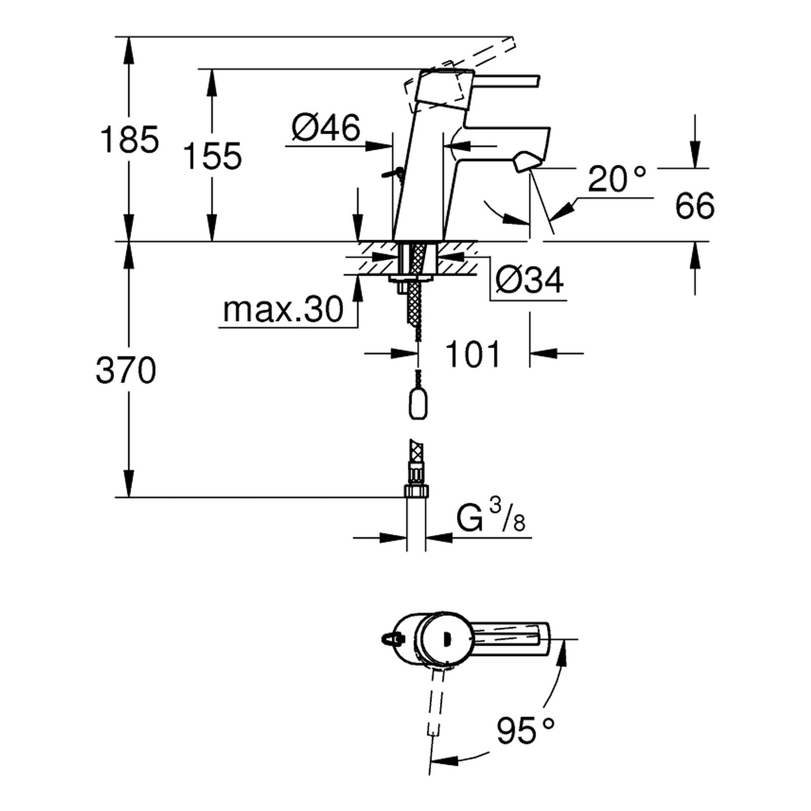 Maattekening Grohe Concetto wastafelmengkraan S-Size