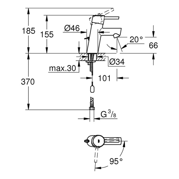 Maattekening Grohe Concetto wastafelmengkraan S-Size