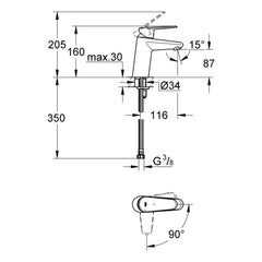 Maattekening Grohe Eurodisc Cosmopolitan wastafelmengkraan S-Size