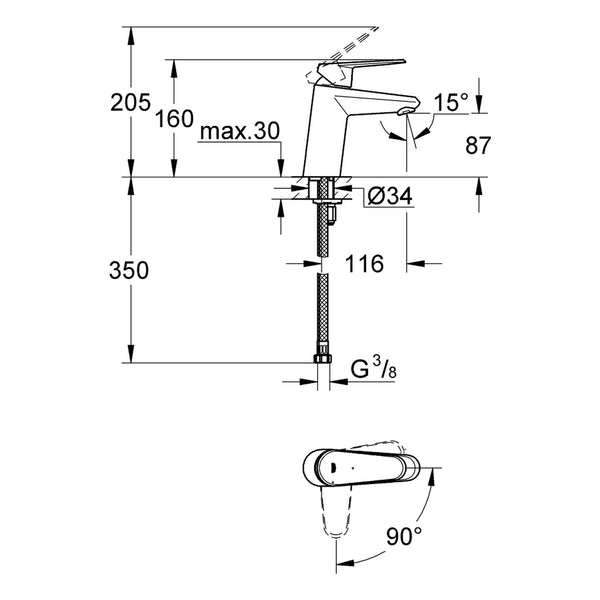 Maattekening Grohe Eurodisc Cosmopolitan wastafelmengkraan S-Size