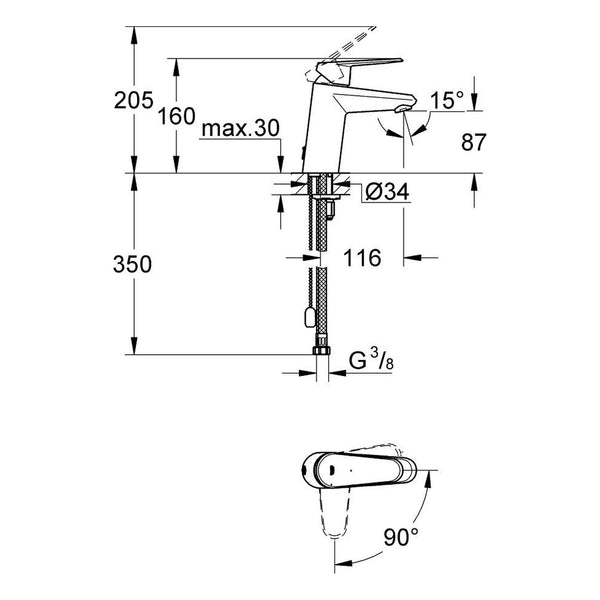Maattekening Grohe Eurodisc Cosmopolitan wastafelmengkraan S-Size