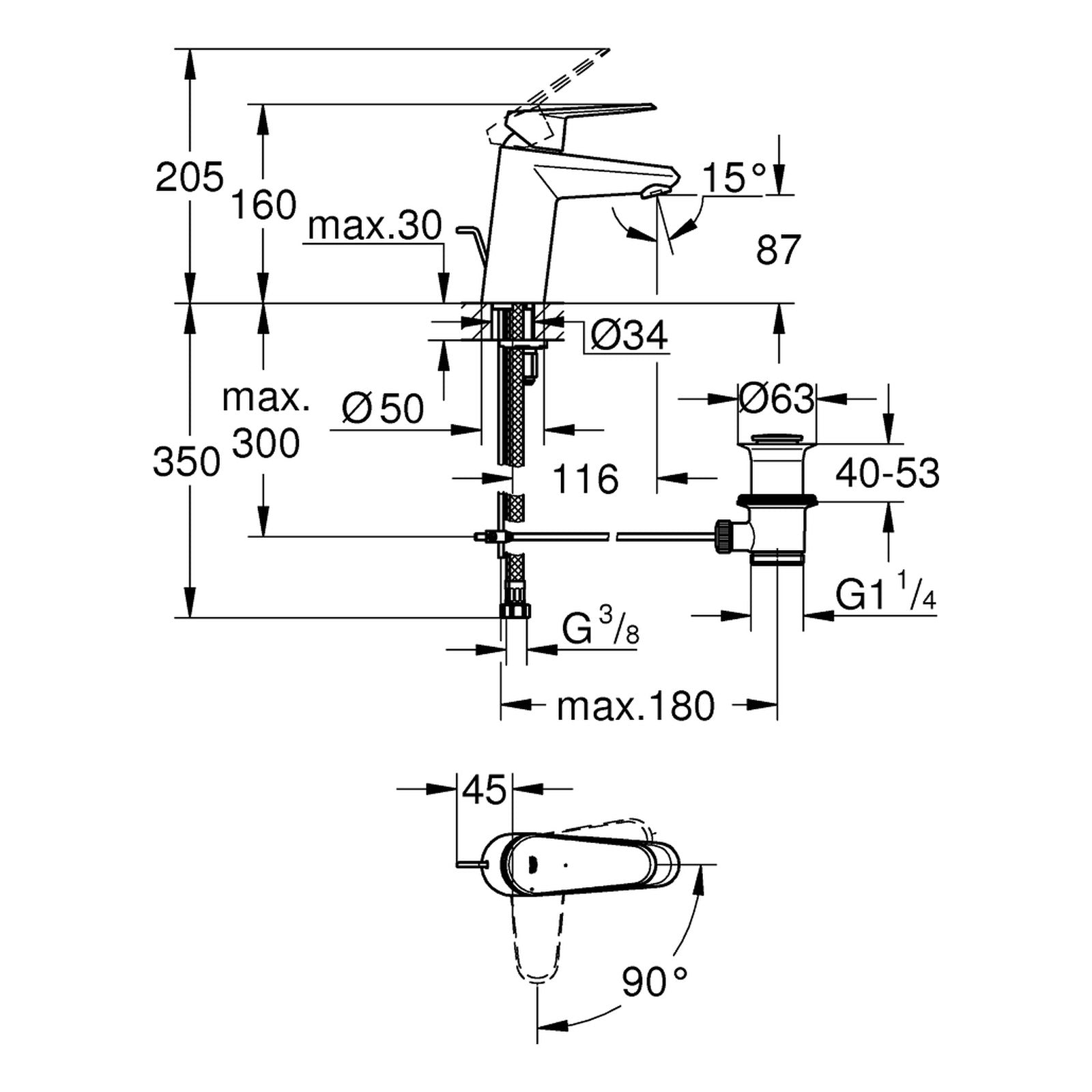Maattekening Grohe Eurodisc Cosmopolitan wastafelmengkraan S-Size