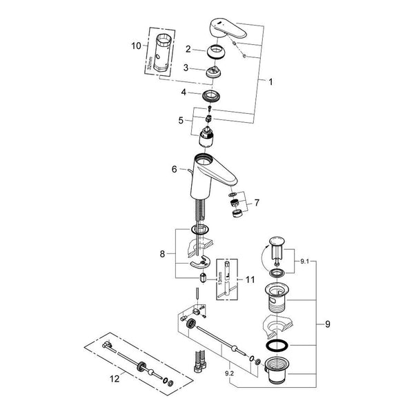 Onderdelentekening Grohe Eurodisc Cosmopolitan wastafelmengkraan S-Size