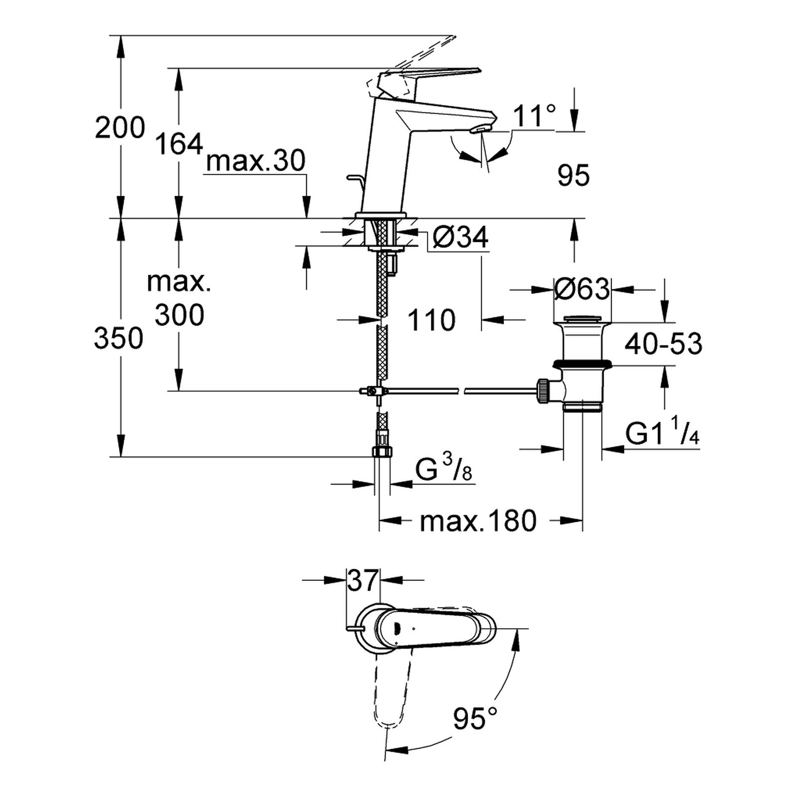 Maattekening Grohe Eurodisc Cosmopolitan wastafelmengkraan S-Size
