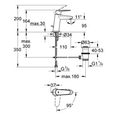 Maattekening Grohe Eurodisc Cosmopolitan wastafelmengkraan S-Size