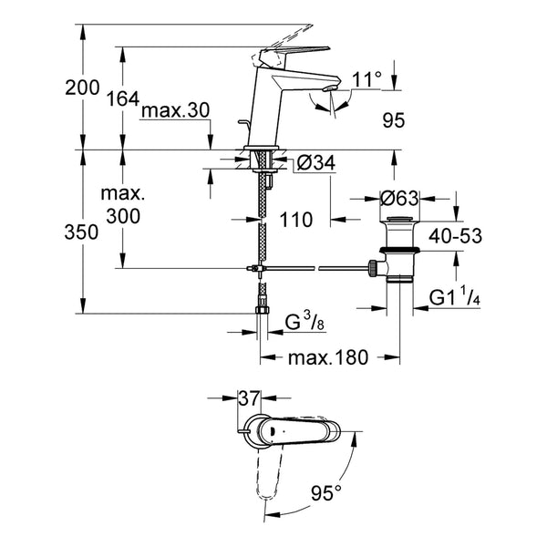 Maattekening Grohe Eurodisc Cosmopolitan wastafelmengkraan S-Size