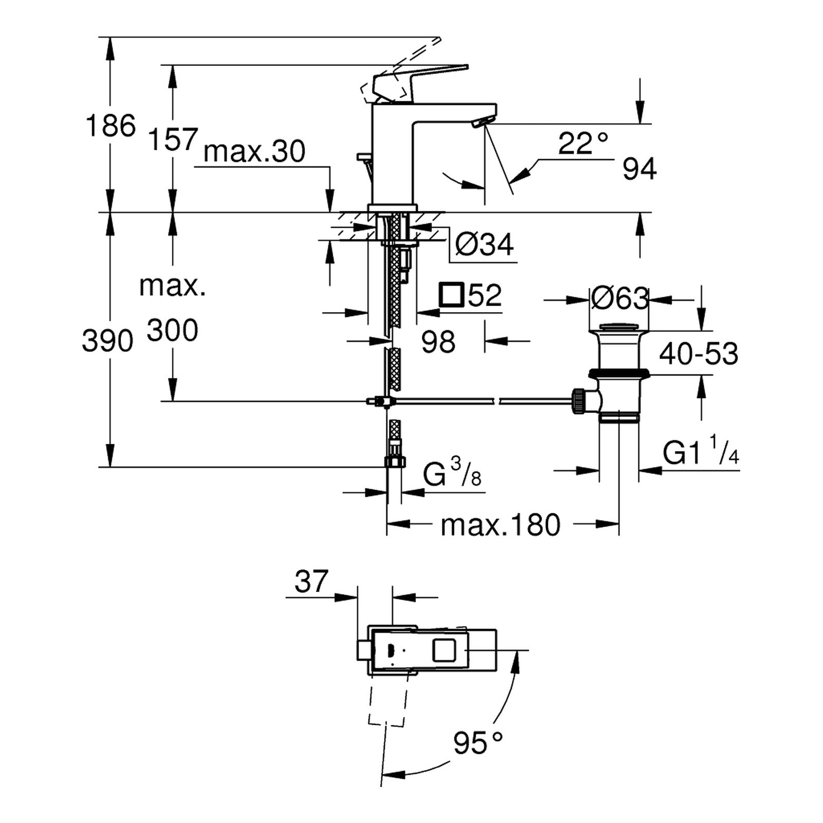 Maattekening Grohe Eurocube wastafelmengkraan S-Size