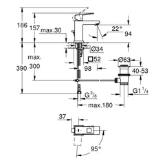Maattekening Grohe Eurocube wastafelmengkraan S-Size