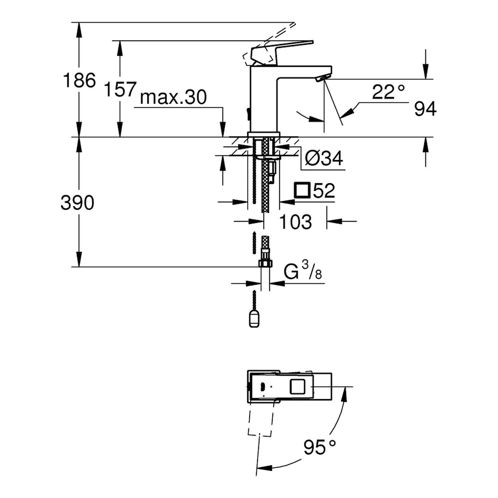 Maattekening Grohe Eurocube wastafelmengkraan S-Size