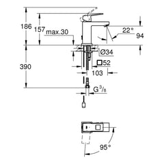 Maattekening Grohe Eurocube wastafelmengkraan S-Size