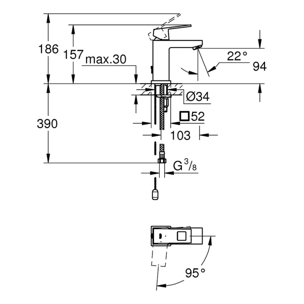 Maattekening Grohe Eurocube wastafelmengkraan S-Size