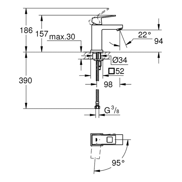 Maattekening Grohe Eurocube wastafelmengkraan S-Size