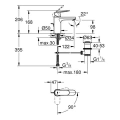 Maattekening Grohe Eurosmart Cosmopolitan wastafelmengkraan M-Size