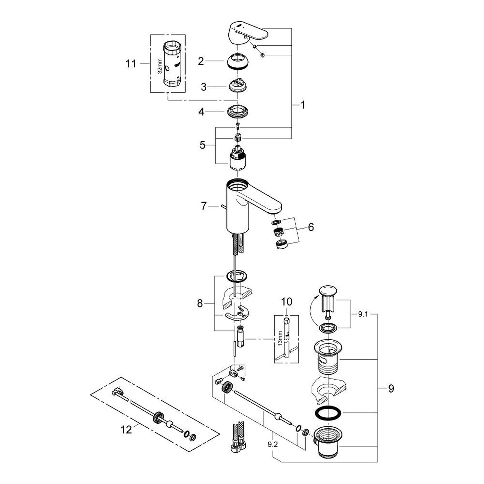 Onderdelentekening Grohe Eurosmart Cosmopolitan wastafelmengkraan M-Size 2012–2017