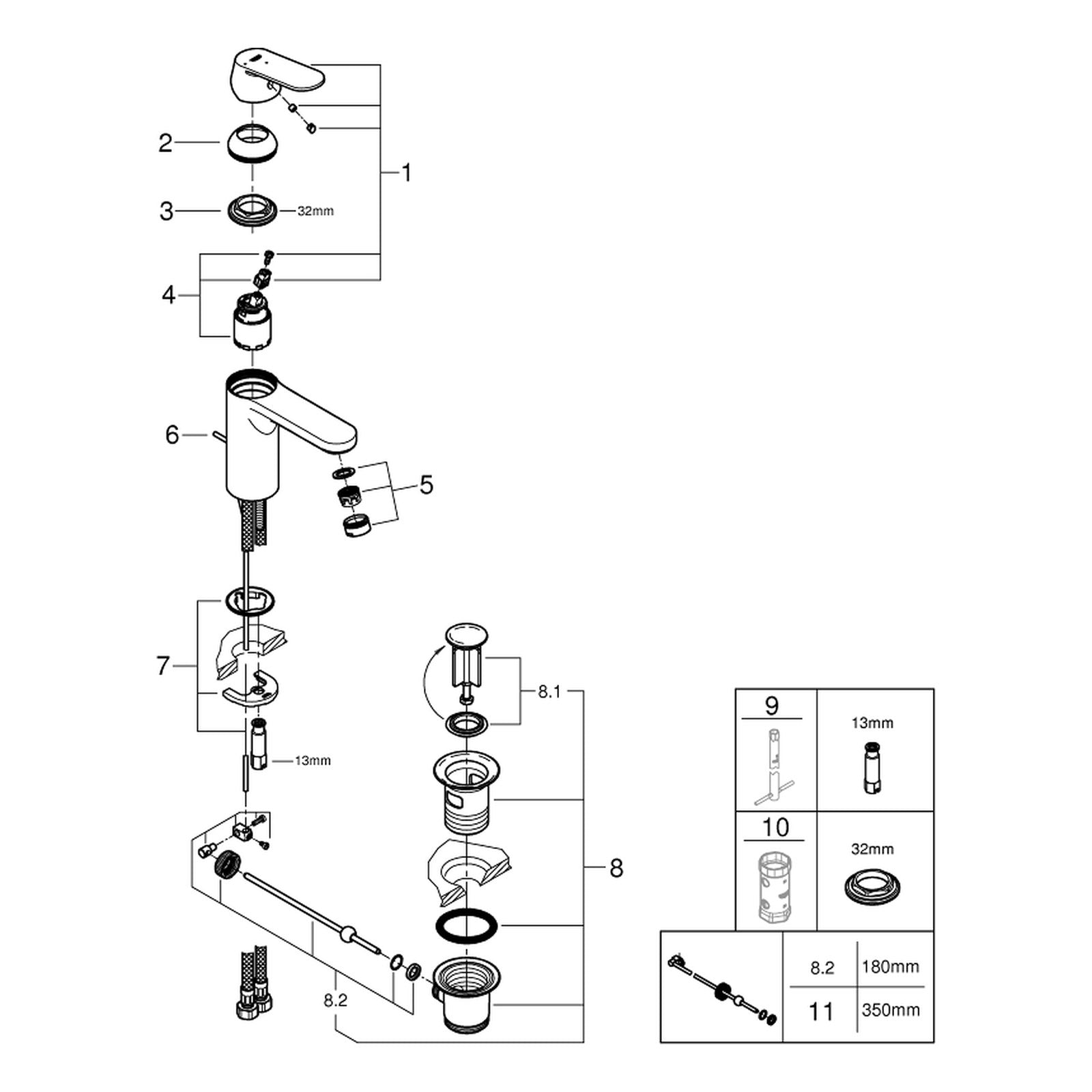 Onderdelentekening Grohe Eurosmart Cosmopolitan wastafelmengkraan M-Size