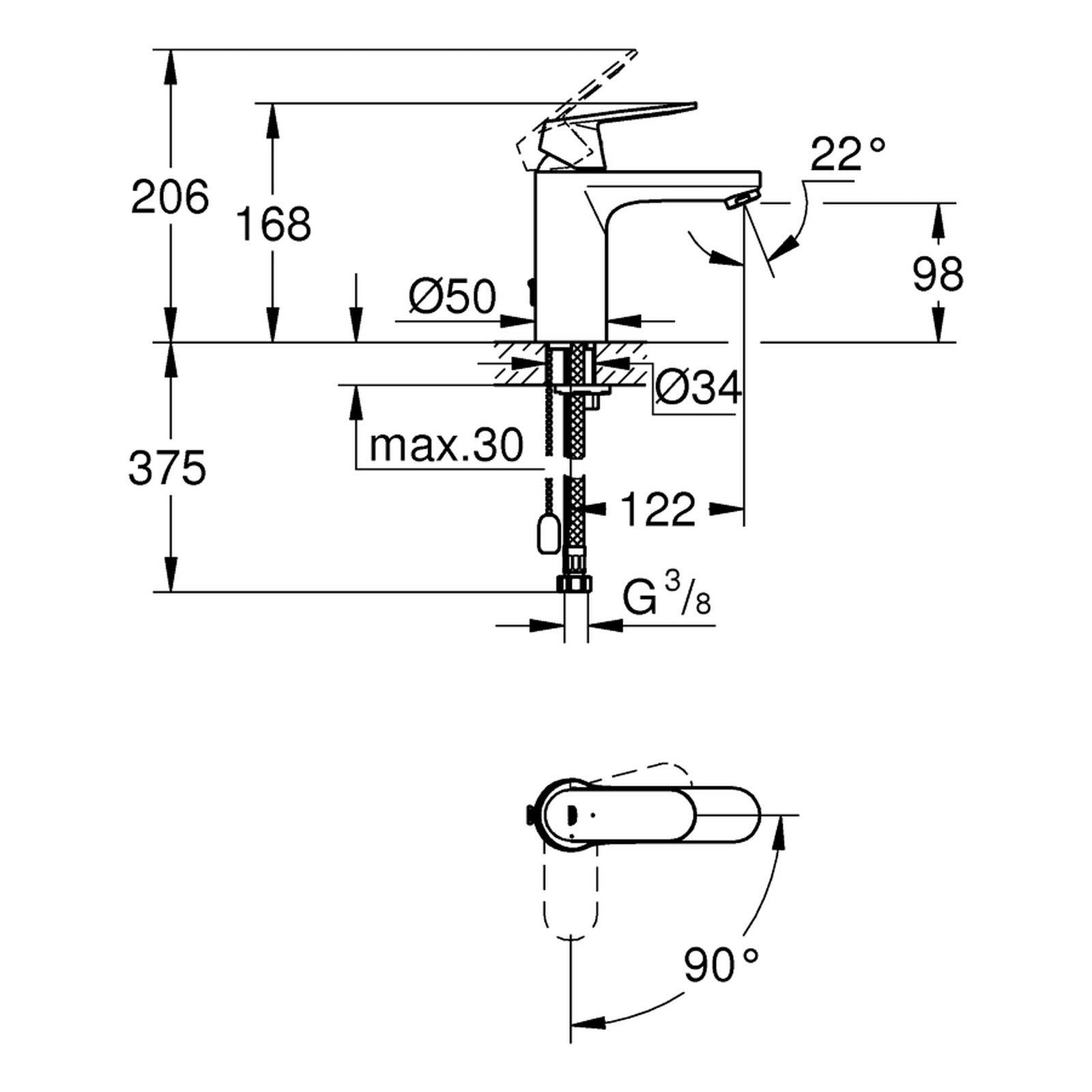 Maattekening Grohe Eurosmart Cosmopolitan wastafelmengkraan M-Size