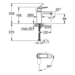 Maattekening Grohe Eurosmart Cosmopolitan wastafelmengkraan M-Size