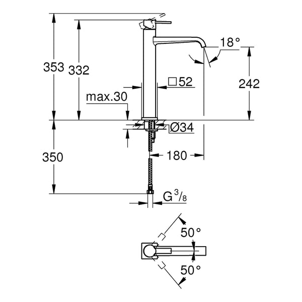 Maattekening Grohe Allure wastafelmengkraan XL-Size