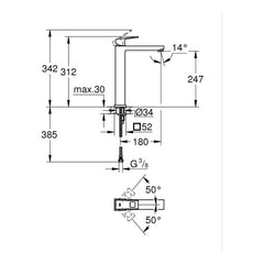 Maattekening Grohe Eurocube wastafelmengkraan XL-Size