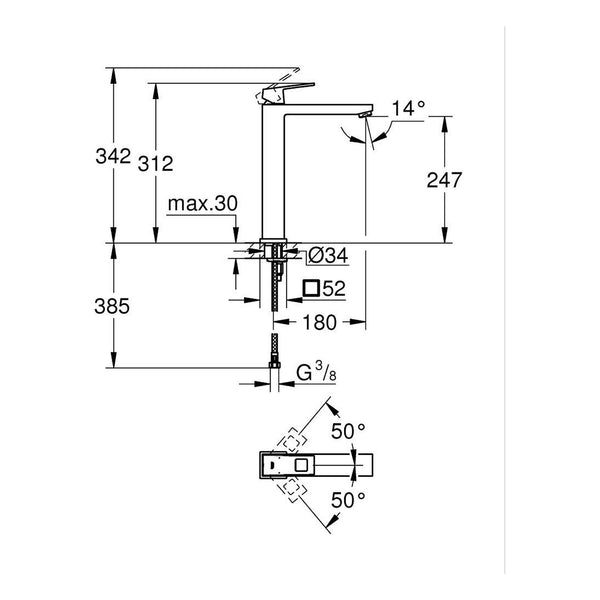 Maattekening Grohe Eurocube wastafelmengkraan XL-Size