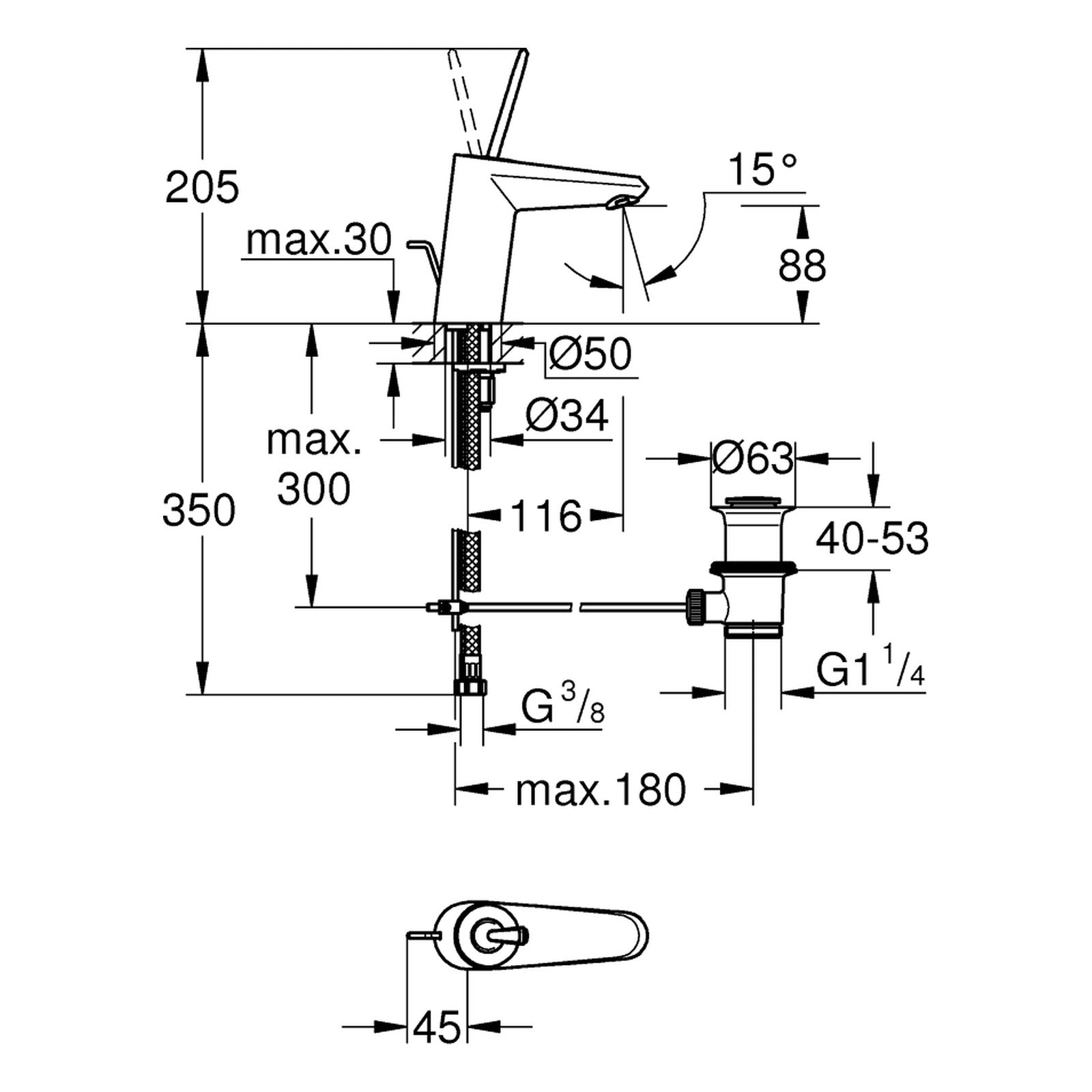 Maattekening Grohe Eurodisc Joy wastafelmengkraan S-Size