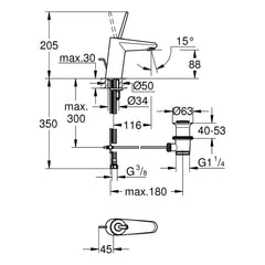 Maattekening Grohe Eurodisc Joy wastafelmengkraan S-Size