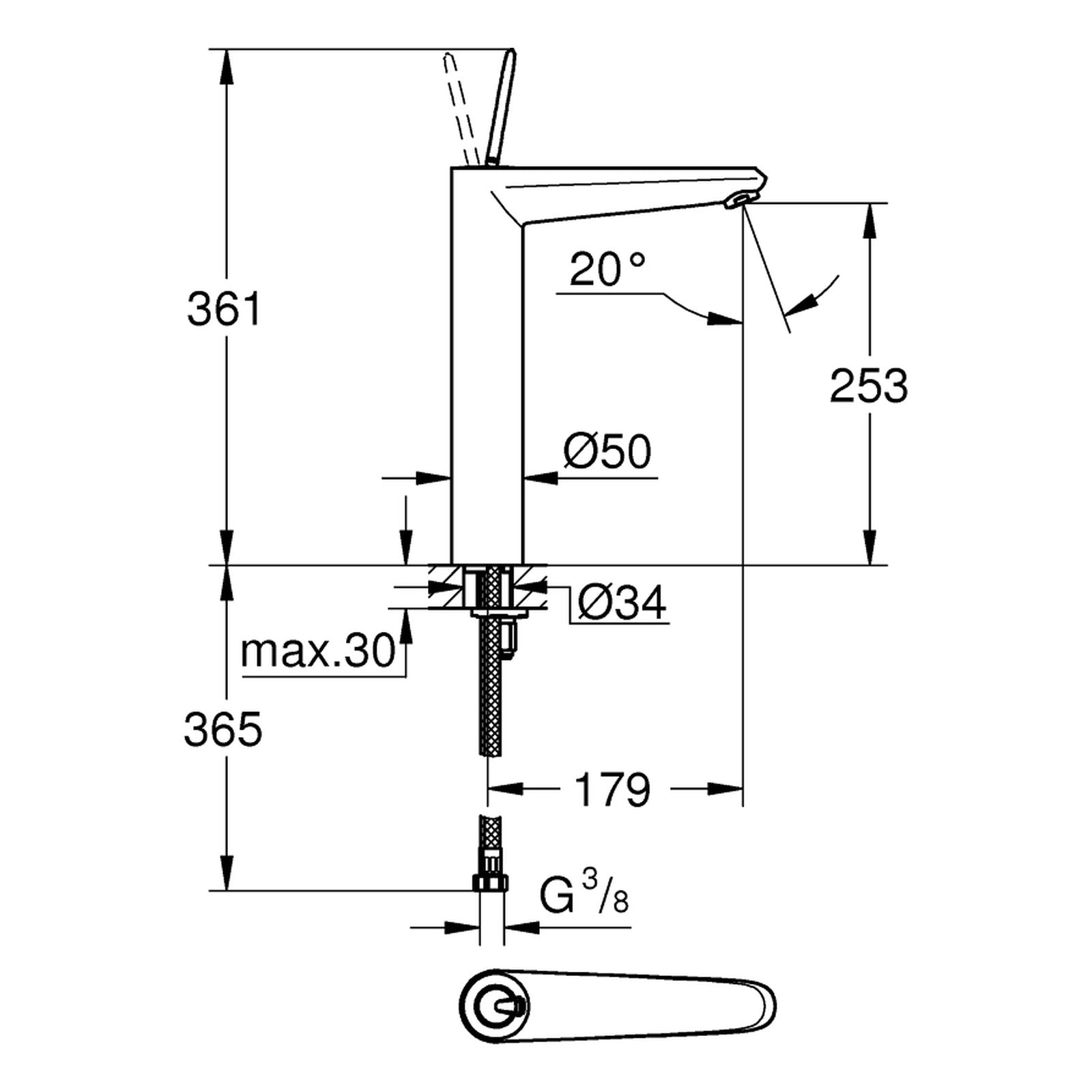 Maattekening Grohe Eurodisc Joy wastafelmengkraan XL-Size