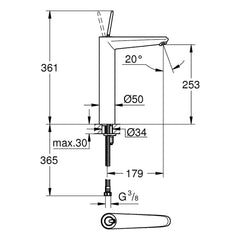 Maattekening Grohe Eurodisc Joy wastafelmengkraan XL-Size