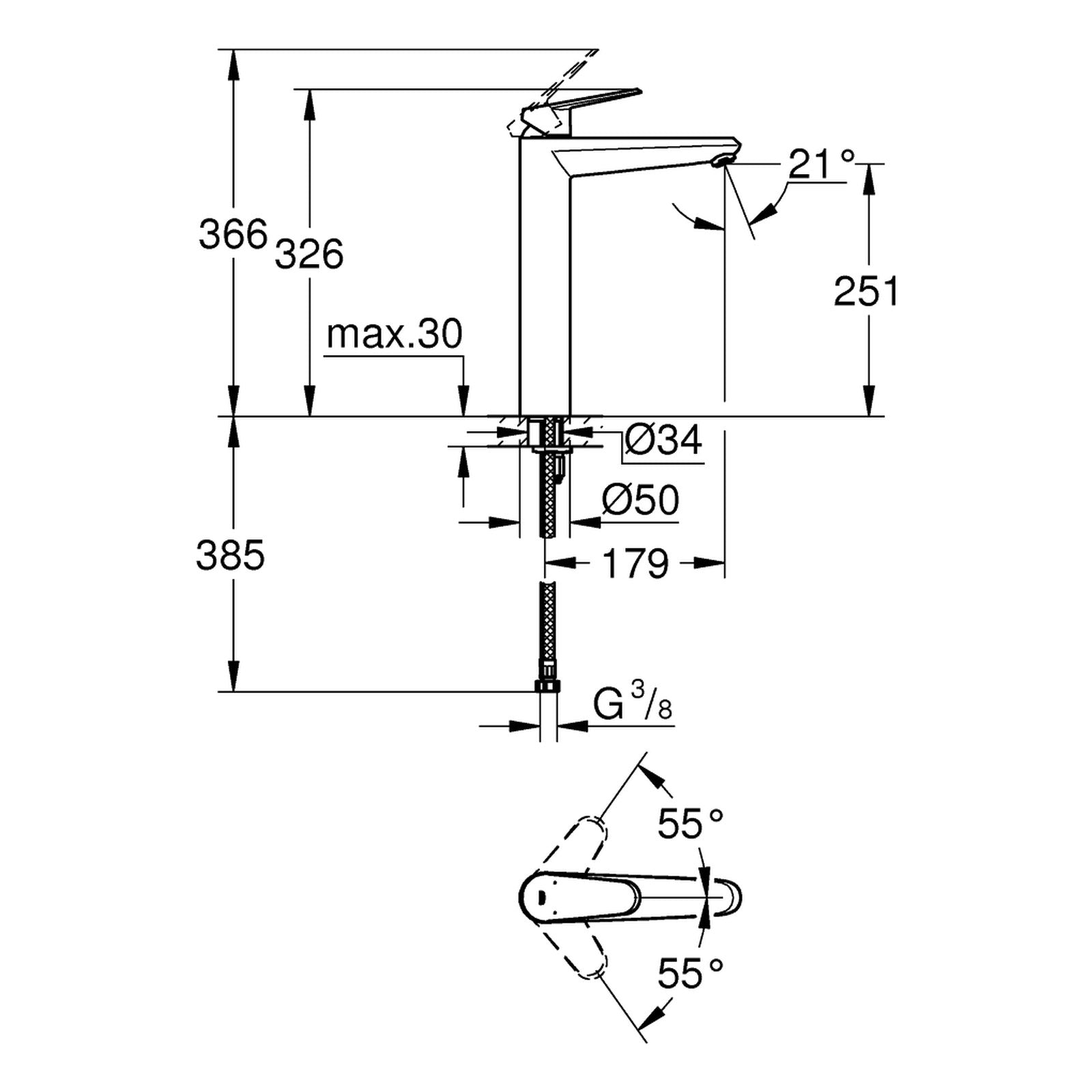 Maattekening Grohe Eurodisc Cosmopolitan wastafelmengkraan XL-Size