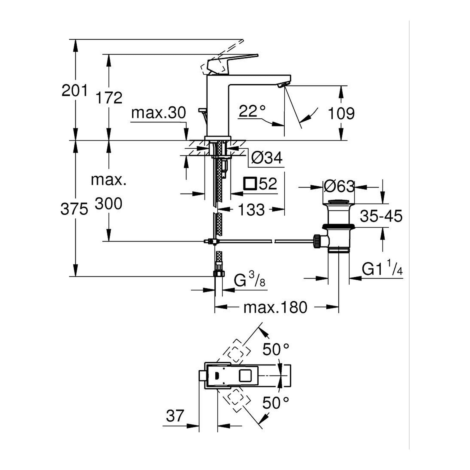 Maattekening Grohe Eurocube wastafelmengkraan M-Size