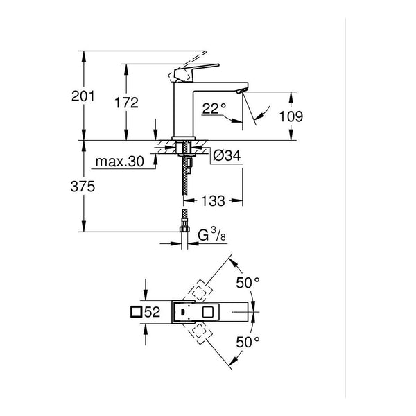 Maattekening Grohe Eurocube wastafelmengkraan M-Size