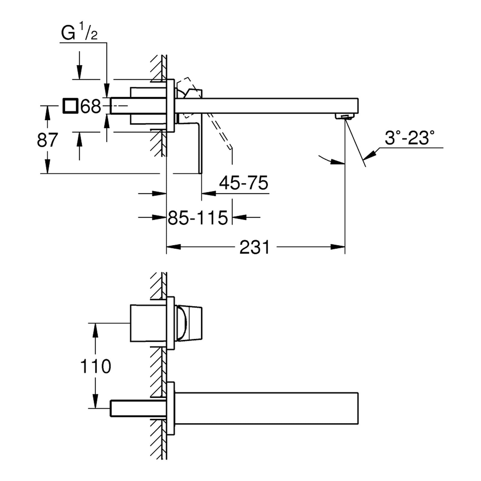 Maattekening Grohe Eurocube tweegats wastafelmengkraan M-Size