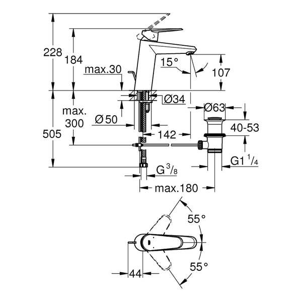 Maattekening Grohe Eurodisc Cosmopolitan wastafelmengkraan M-Size