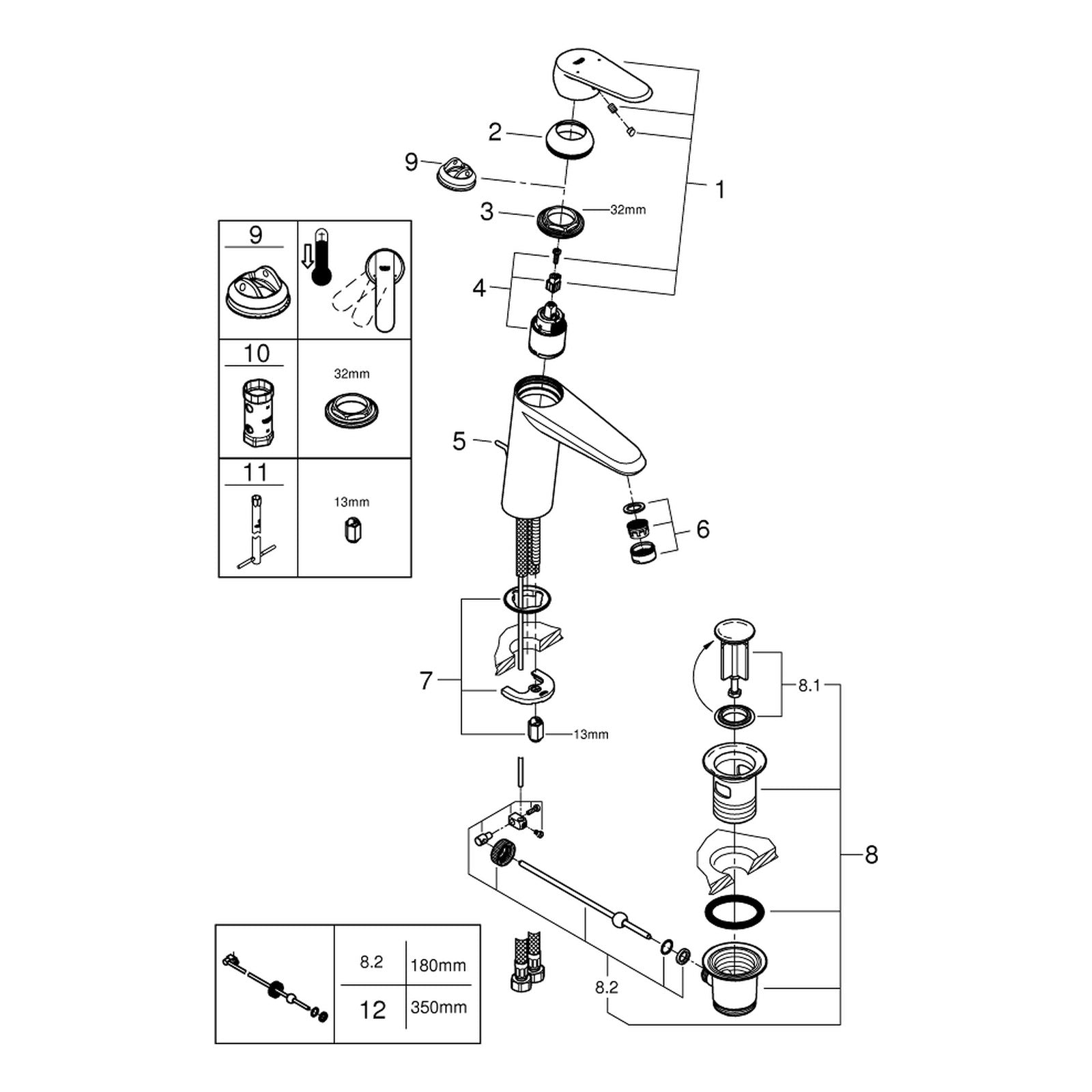 Onderdelentekening Grohe Eurodisc Cosmopolitan wastafelmengkraan M-Size