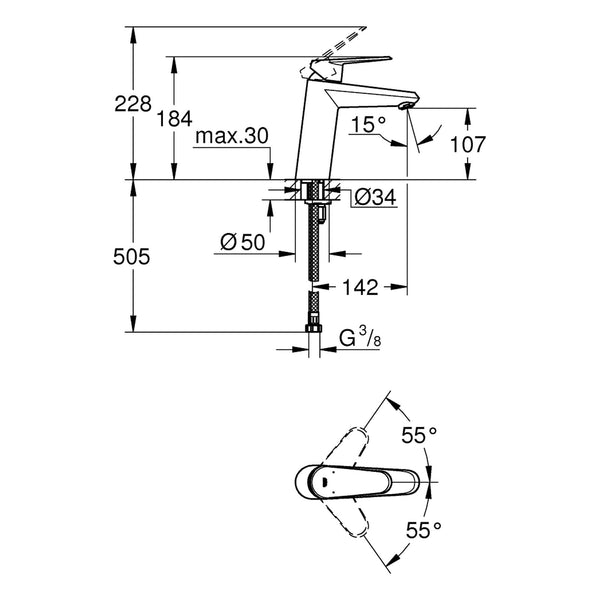 Maattekening Grohe Eurodisc Cosmopolitan wastafelmengkraan M-Size
