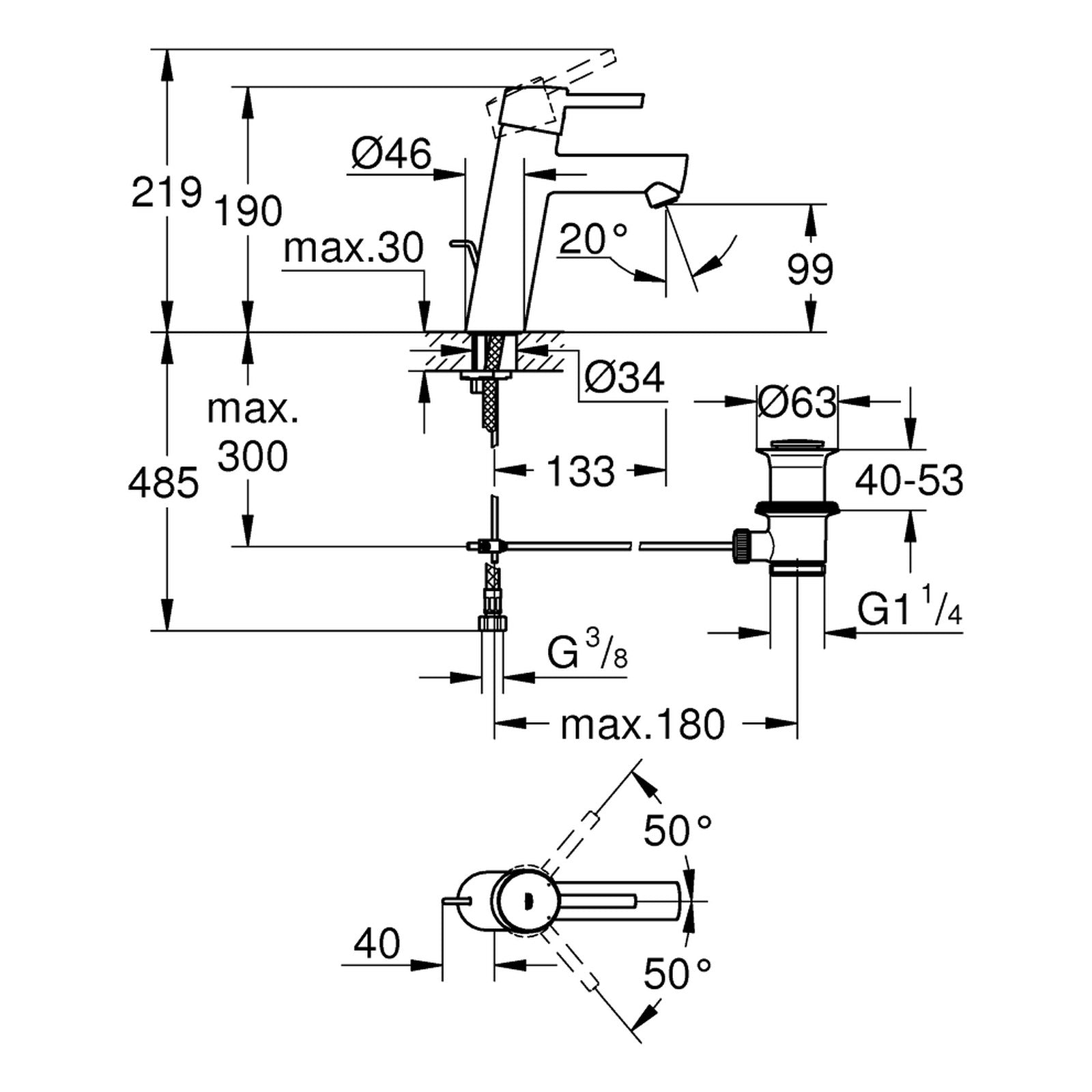 Maattekening Grohe Concetto wastafelmengkraan M-Size