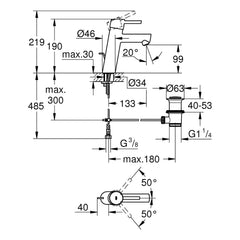 Maattekening Grohe Concetto wastafelmengkraan M-Size