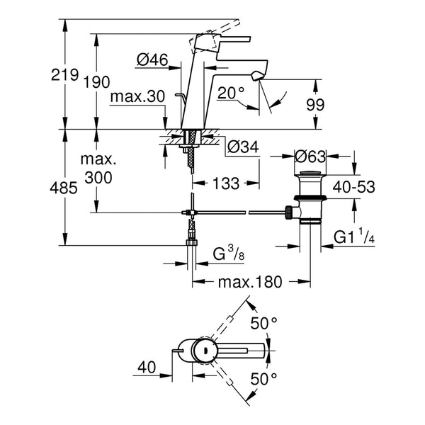 Maattekening Grohe Concetto wastafelmengkraan M-Size