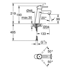 Maattekening Grohe Concetto wastafelmengkraan M-Size