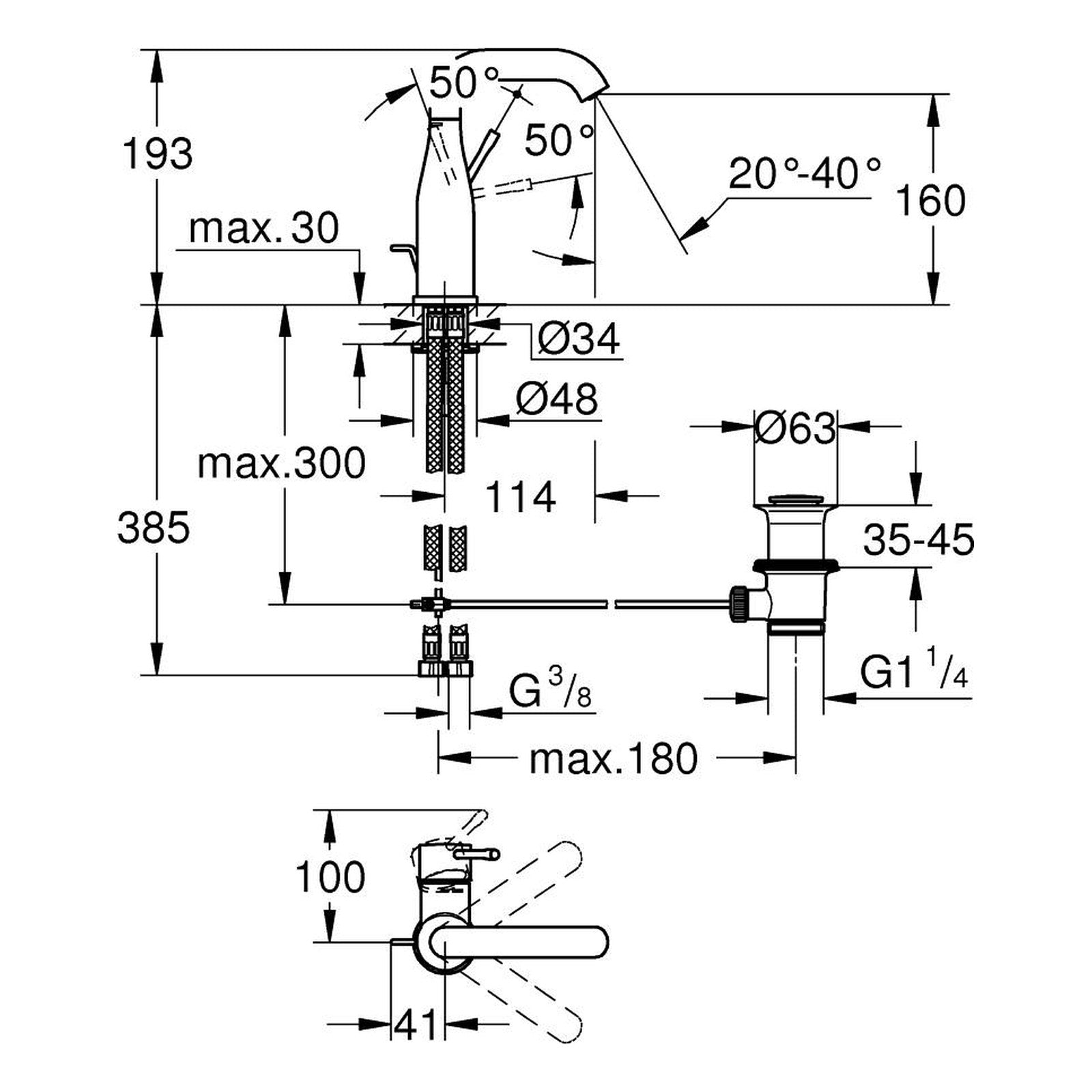 Maattekening Grohe Essence wastafelmengkraan M-Size