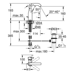 Maattekening Grohe Essence wastafelmengkraan M-Size