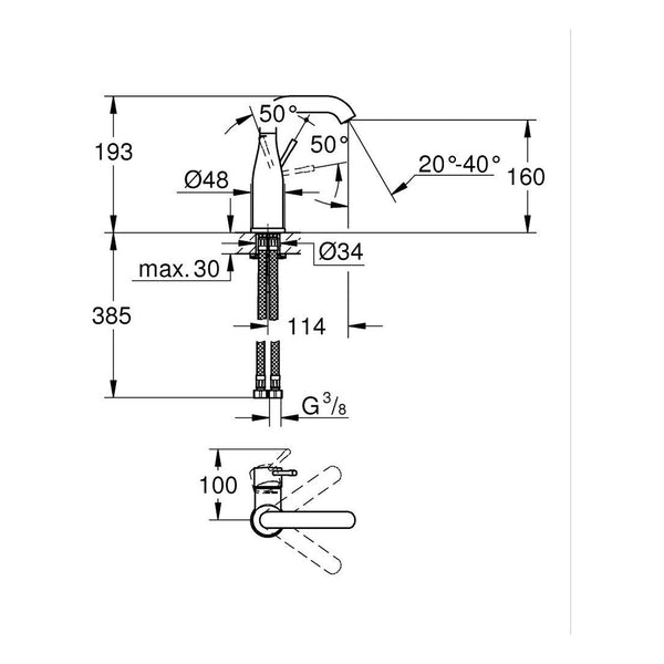Maattekening Grohe Essence wastafelmengkraan M-Size